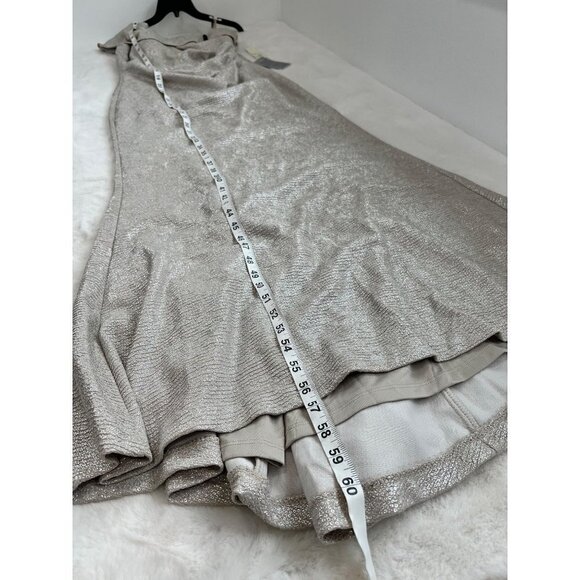 New Eliza J Size 10 One-Shoulder Glitter Mermaid Gown ruching, train Back Beige - Picture 7 of 15